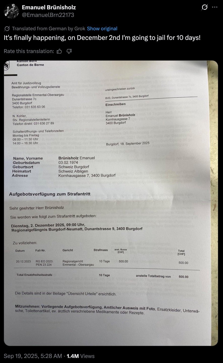 Screenshot of a social media post with the translated caption “It's finally happening, on December 2nd I'm going to jail for 10 days!” above a photographed official Canton of Bern summons dated September 18, 2025, ordering the recipient to report to a Burgdorf regional jail on December 2, 2025 for a 10‑day sentence with a CHF 500 substitute fine.