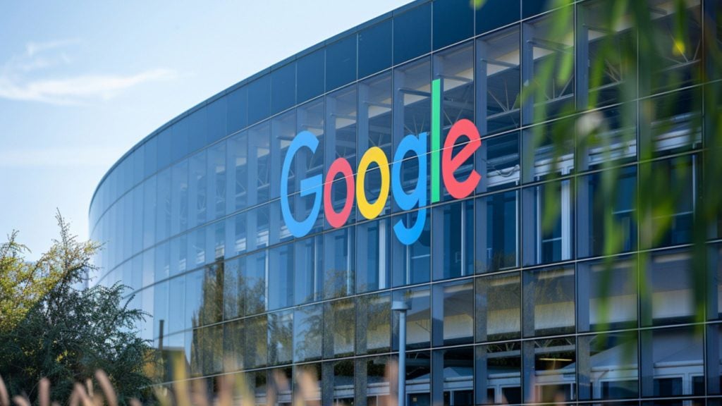 Curved glass office building with a large multicolored Google logo on the facade and trees and foliage in the foreground.