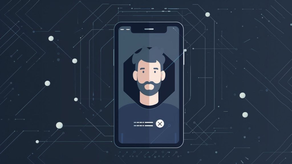 A smartphone mockup displays a flat-style bearded male avatar centered on the screen with a dark hexagonal backdrop, overlaid on a circuit-board pattern of thin lines and glowing nodes and a small cancel button with masked text near the bottom.