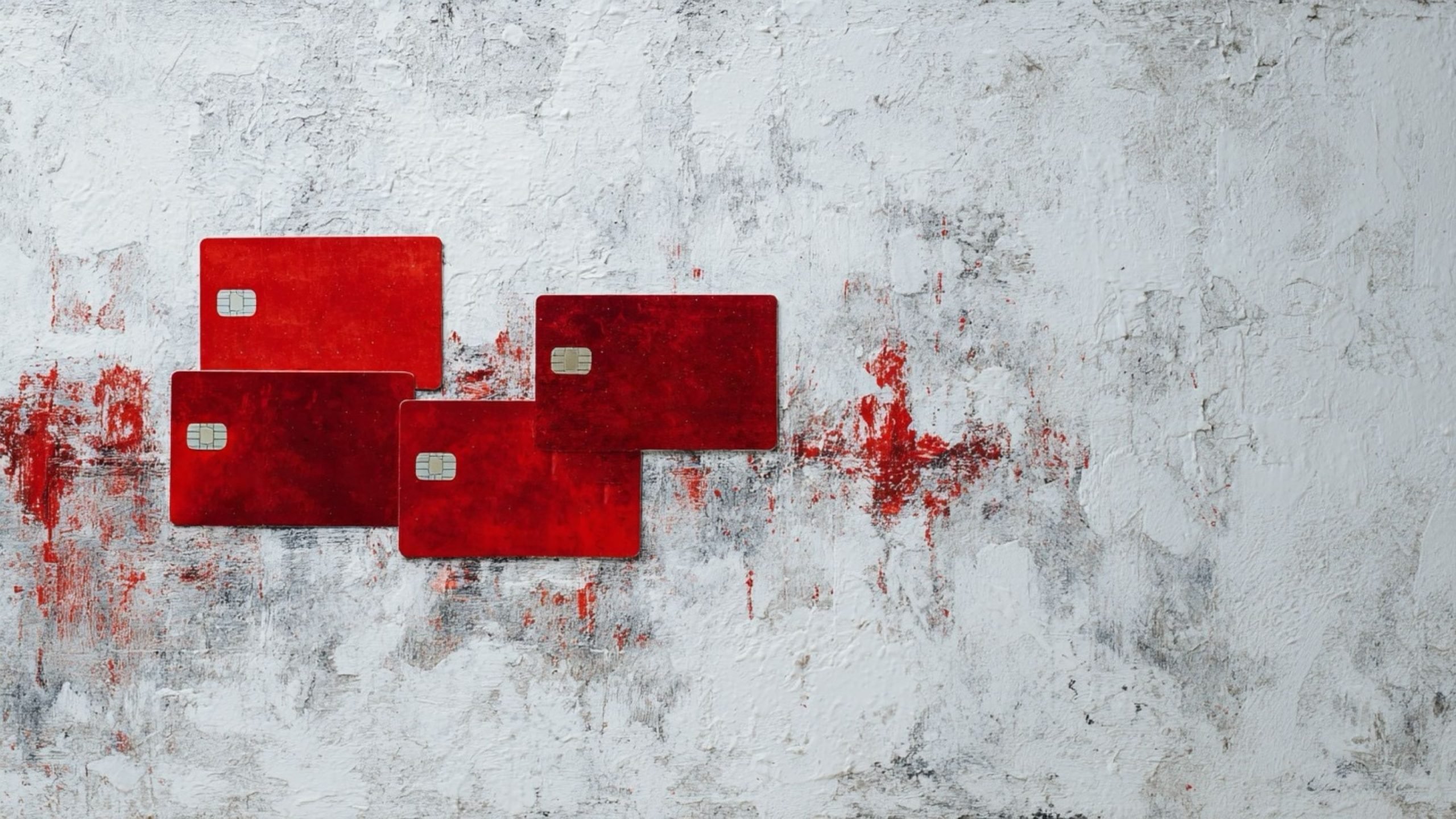 Four overlapping red credit-card-shaped cards with visible chip contacts arranged on the left of a textured white wall splattered with red paint.