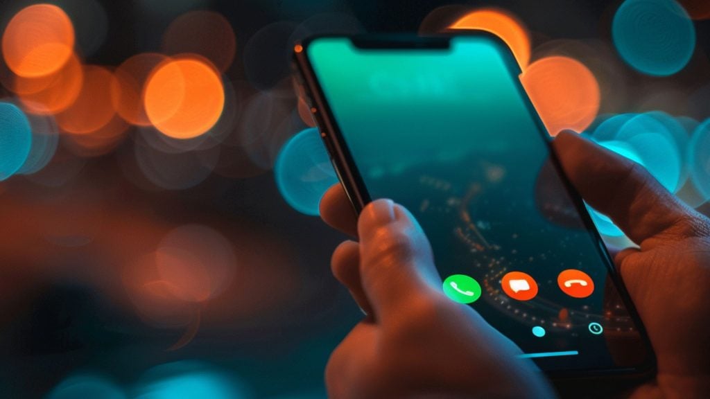 Close-up of a person’s hands holding a smartphone showing incoming-call icons (green accept, red decline, and message) against a blurred city bokeh of orange and teal lights.