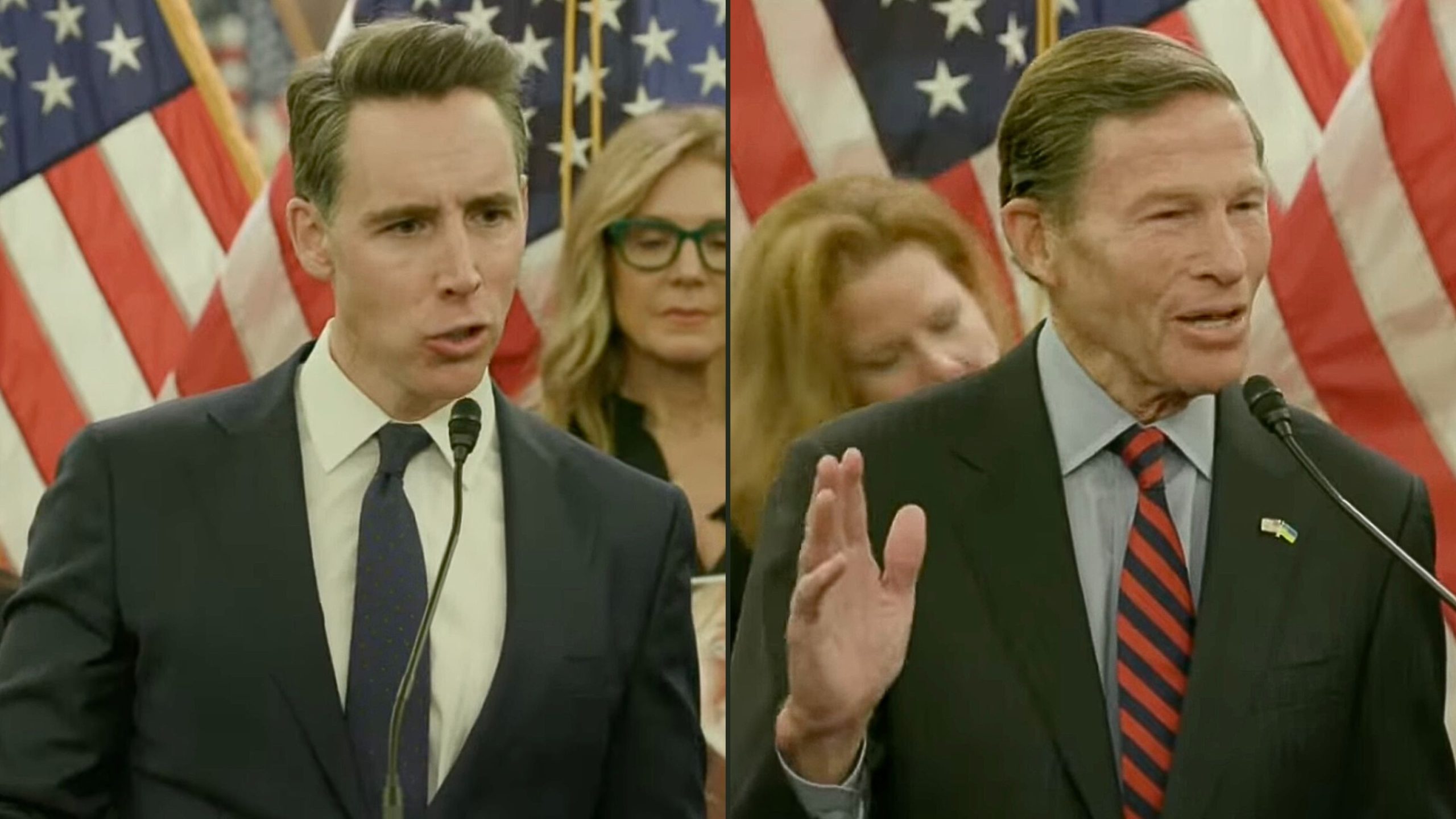 Split-frame image showing Hawley and Blumenthal in suits speaking at microphones in front of rows of American flags; the left man looks serious while the right man talks and raises one hand, with several people standing behind them.