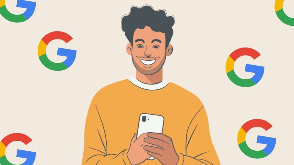 Smiling young man with dark curly hair and light stubble wearing an orange sweater and holding a smartphone against a pale background patterned with large multicolored Google G logos.