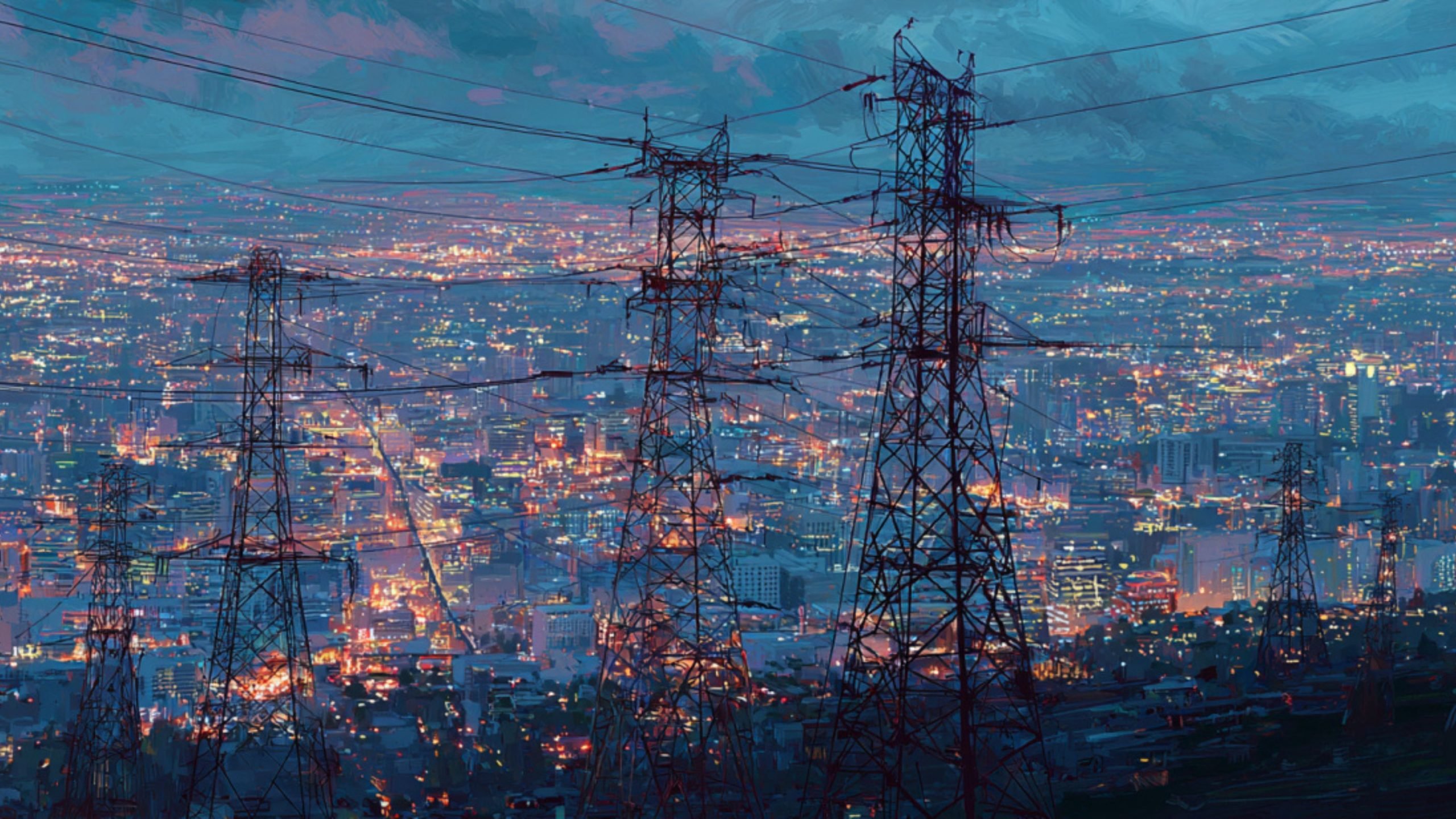 Tall lattice electricity transmission towers and crisscrossing power lines in the foreground overlooking a sprawling cityscape glowing with multicolored evening lights under a dusky blue sky.