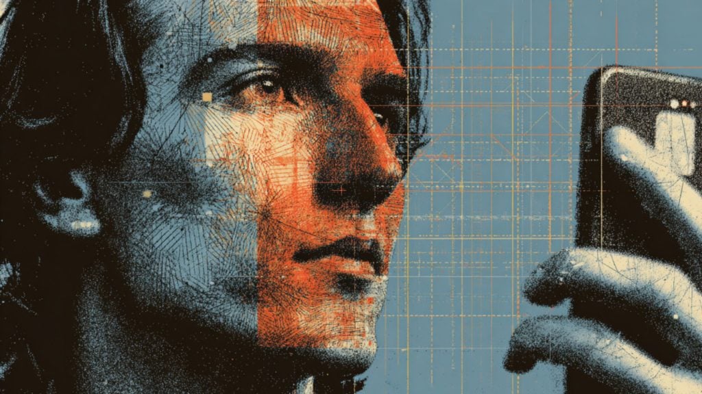 Stylized close-up of a person's side profile with etched halftone texture and a red-orange overlay on the face, looking toward a hand holding a smartphone against a blue background with faint grid lines.
