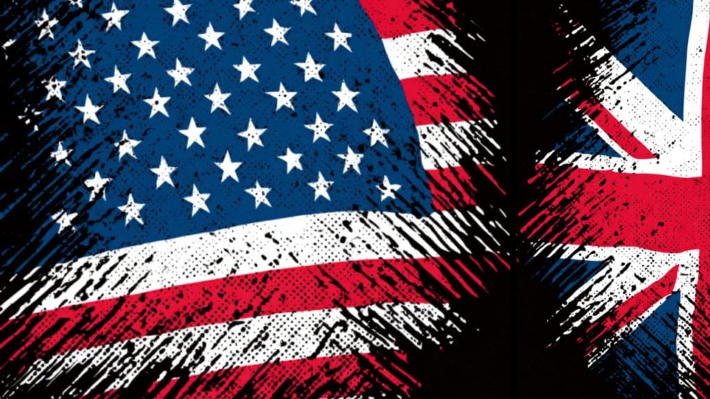 Grunge-style artwork showing the US flag's stars and stripes blending into the UK Union Jack with red, white, and blue paint-splatter textures on a black background.