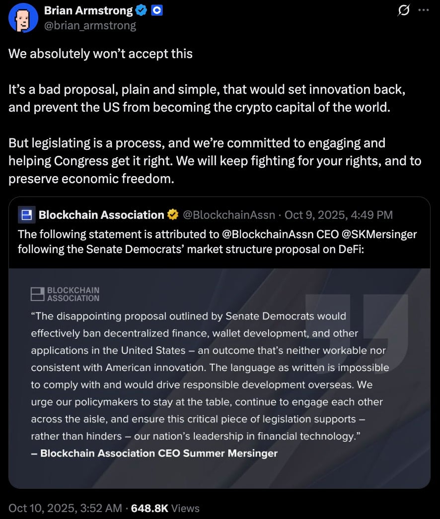 Screenshot of a verified social media post by a crypto industry executive rejecting a Senate Democrats’ market-structure proposal on DeFi as harmful to innovation and vowing to engage with Congress to preserve economic freedom; embedded statement card from a blockchain trade group calls the proposal effectively a ban on decentralized finance and urges policymakers to refine the legislation.