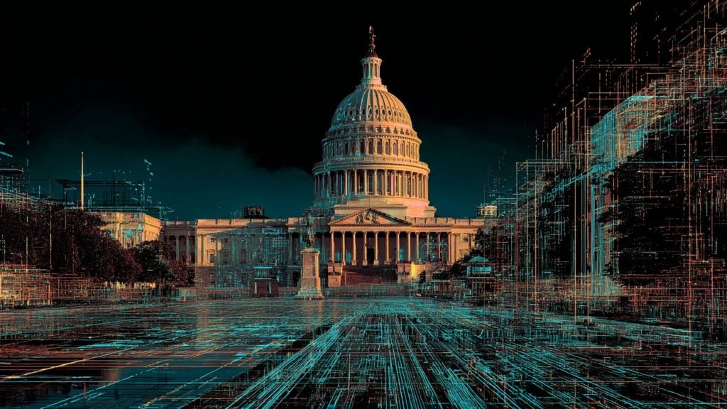 Nighttime U.S. Capitol dome and façade lit warmly, overlaid with teal and orange neon wireframe grids that extend across the ground and surrounding buildings to create a futuristic digital cityscape.