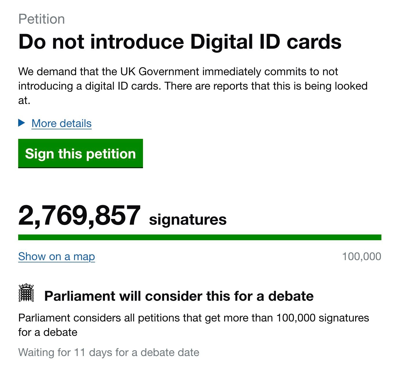 Screenshot of a UK government petition webpage titled “Do not introduce Digital ID cards,” showing a short demand text, a green “Sign this petition” button, a green progress bar and the total 2,769,857 signatures with a note that Parliament will consider it for debate after exceeding 100,000 signatures.