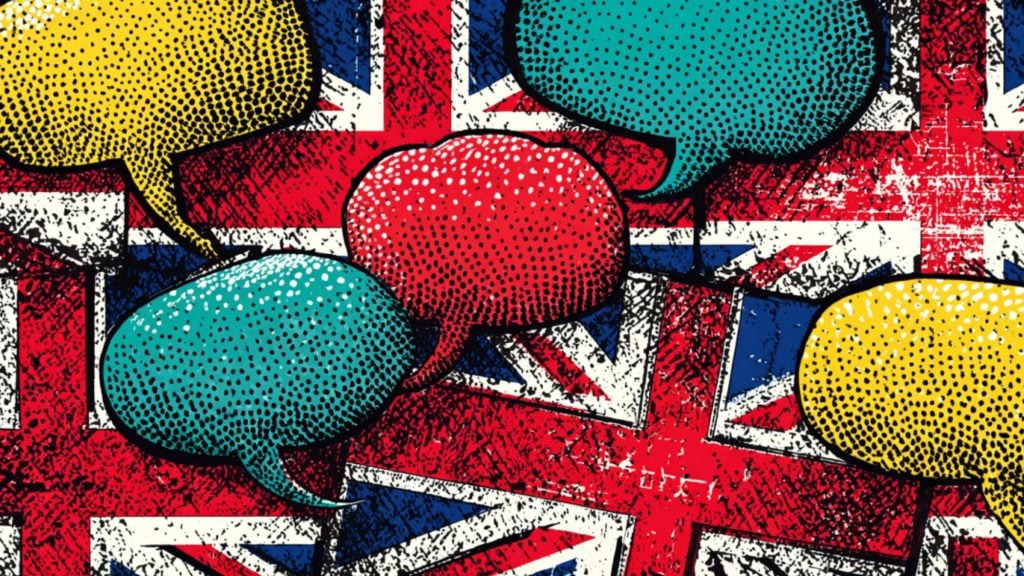 Colorful comic-style speech bubbles in teal, yellow and red with halftone dots layered over a distressed Union Jack flag background.