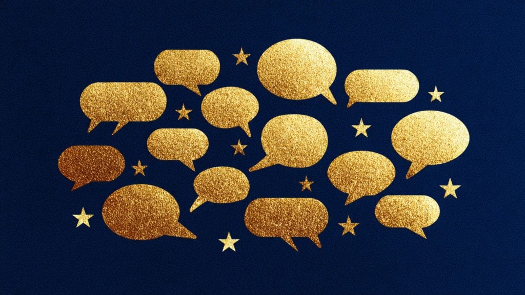 Assorted gold-glitter speech bubbles and small gold stars scattered across a dark navy background.