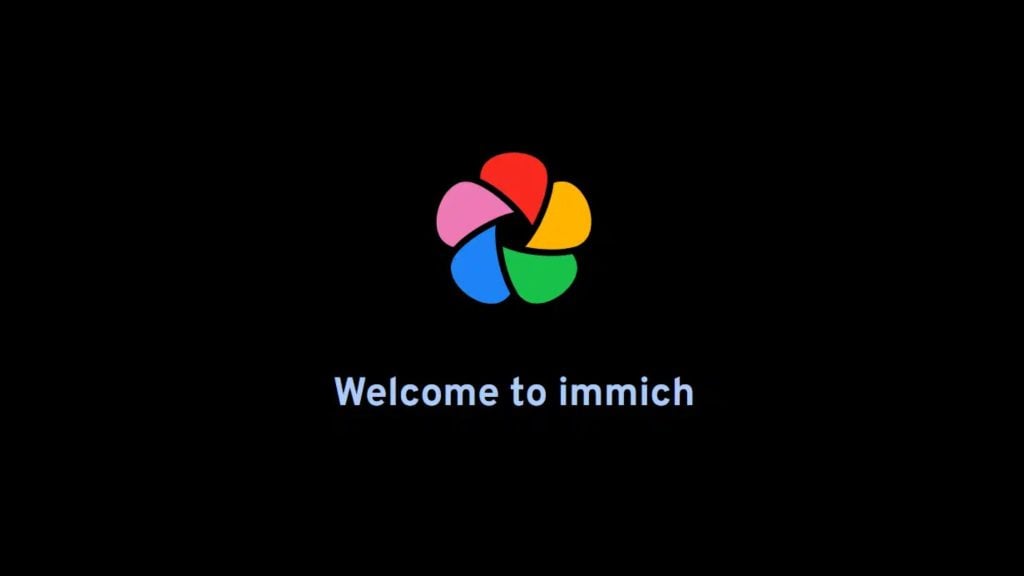 Black background with a multicolored six-petal circular logo centered above the light-blue text “Welcome to immich.”