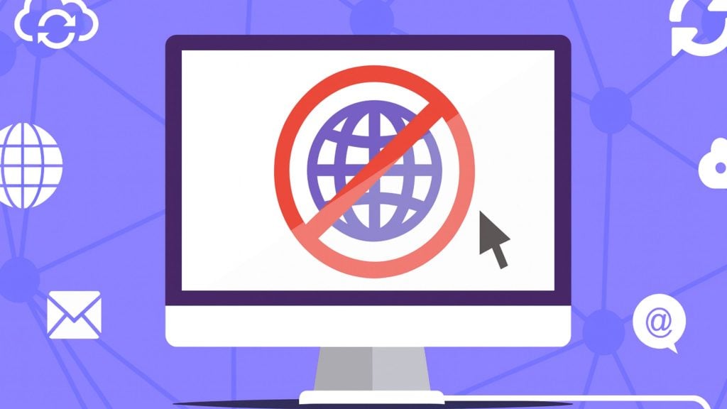 Centered desktop monitor on a purple network-pattern background displaying a globe icon with a red prohibition circle over it and a nearby black cursor.