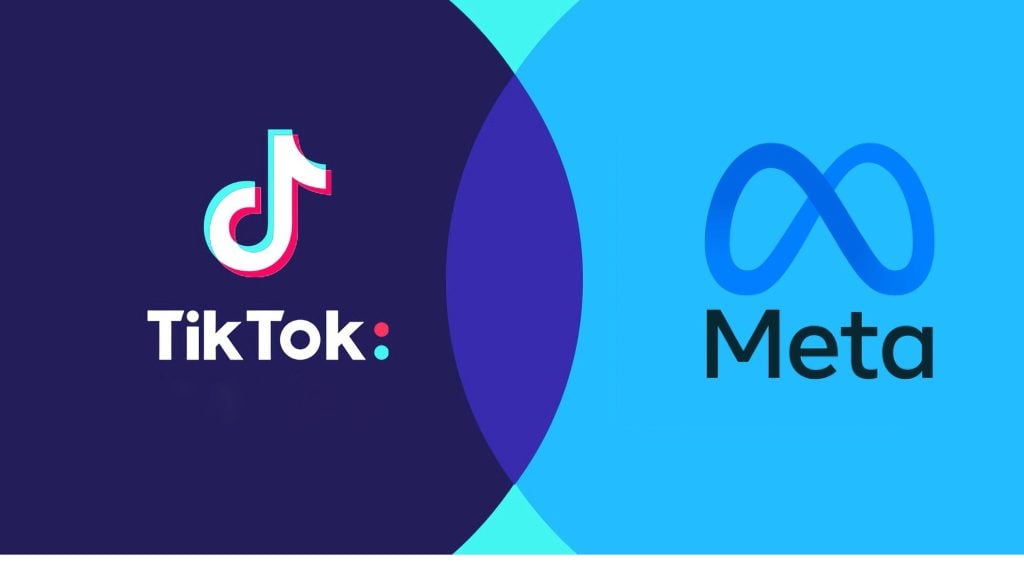 Side-by-side graphic with TikTok's musical-note logo and 'TikTok' text on a dark navy left panel and Meta's blue infinity logo and 'Meta' text on a bright blue right panel, the two panels meeting with overlapping circular shapes in the center.