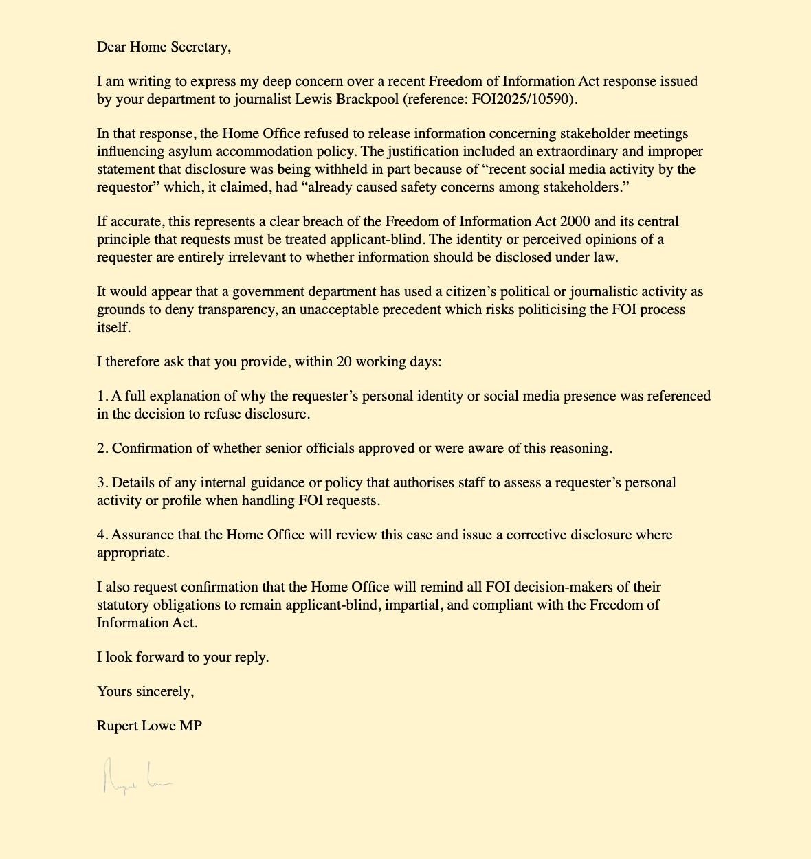 Cream-sheet printed formal letter addressed "Dear Home Secretary" from Rupert Lowe MP expressing concern about a Freedom of Information response and listing four numbered requests for explanation, confirmation and corrective action, with a closing sign-off and handwritten signature at the bottom.