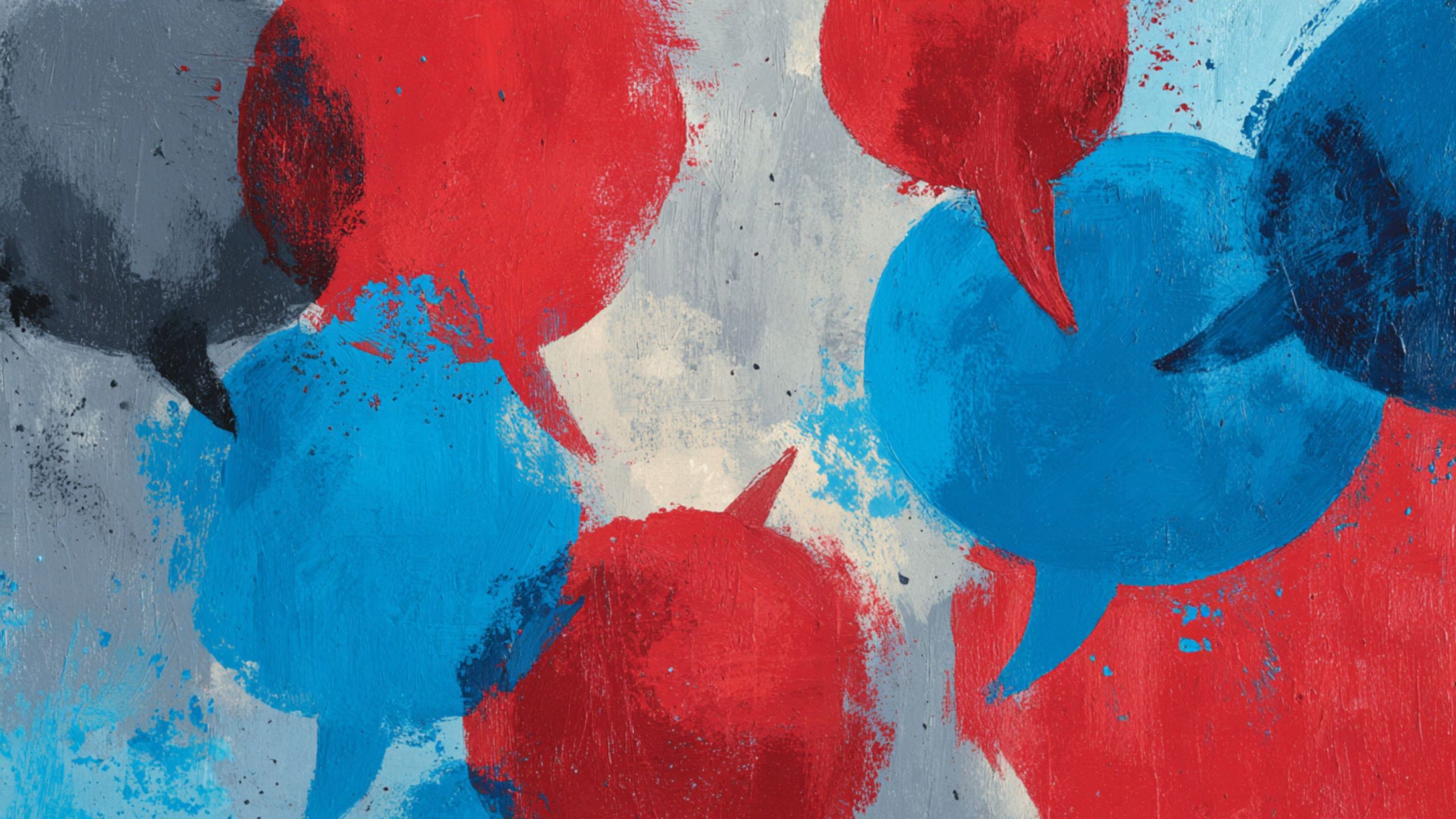 Abstract painted composition of overlapping red and blue speech-bubble shapes with visible brushstrokes and a textured gray background.