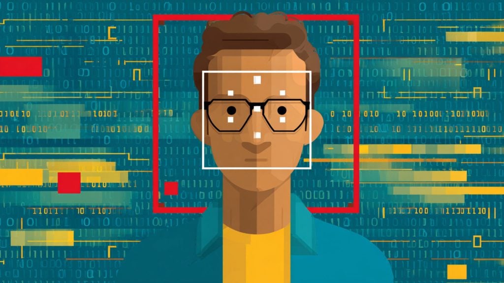 A stylized front-facing portrait of a person with short brown hair and glasses, wearing a yellow shirt and teal jacket, framed by a white facial-recognition box and red rectangle over a teal background of binary code and yellow data bars.