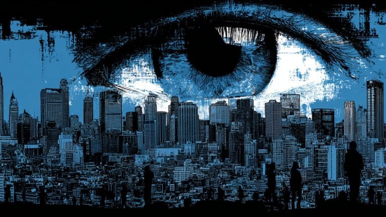 A large stylized blue-and-black eye looms over a detailed city skyline with grungy texture and dark human silhouettes standing in the foreground.