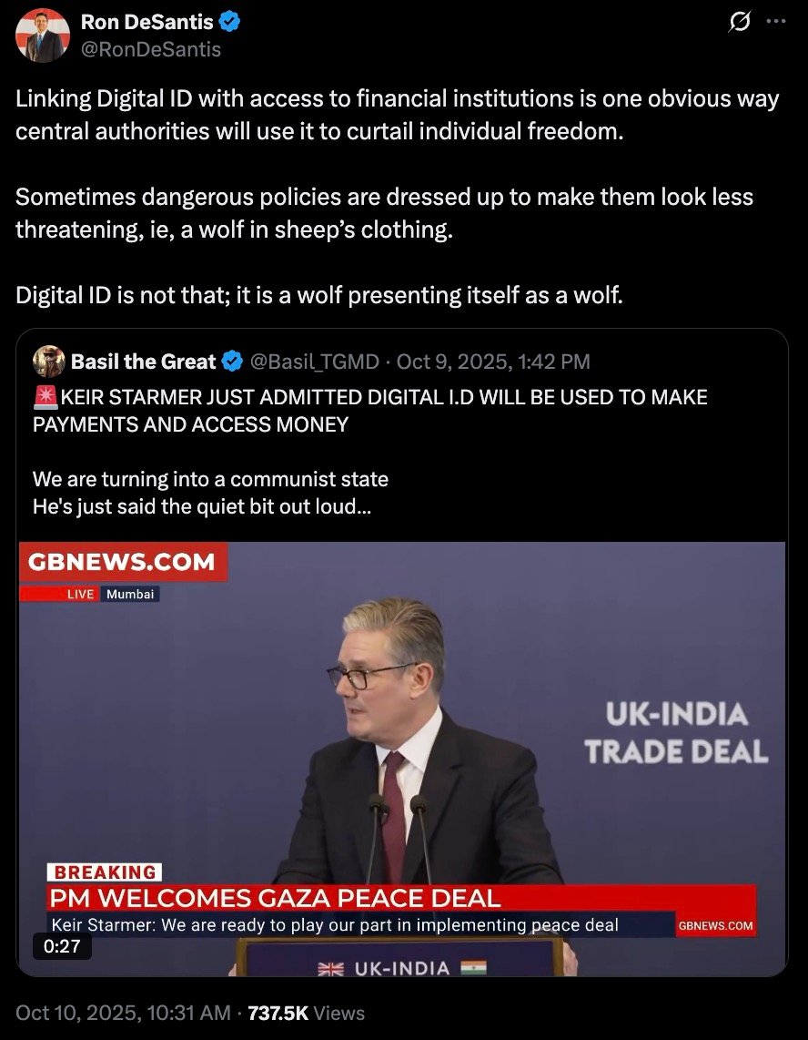 Screenshot of a verified social media post quoting another verified post; top text warns that linking Digital ID to financial access will curtail individual freedom and calls Digital ID “a wolf presenting itself as a wolf,” while the embedded quoted post asserts a politician said digital ID will be used to make payments and includes a video still of him at a podium with a “UK-INDIA TRADE DEAL” backdrop and a red news banner reading “PM WELCOMES GAZA PEACE DEAL.”