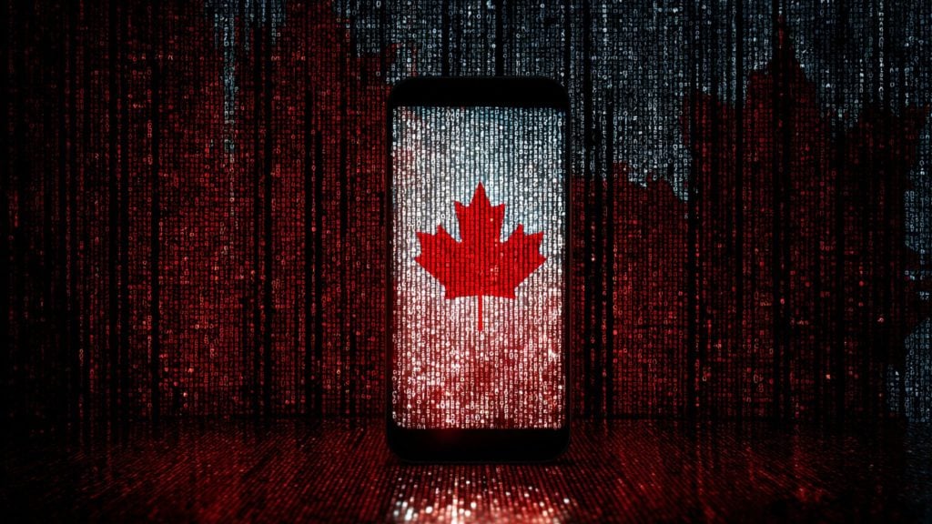 Smartphone centered in a dark scene displaying a red maple leaf on a white field created from cascading digital code, with red-and-black falling binary numbers in the background forming an outline of Canada.