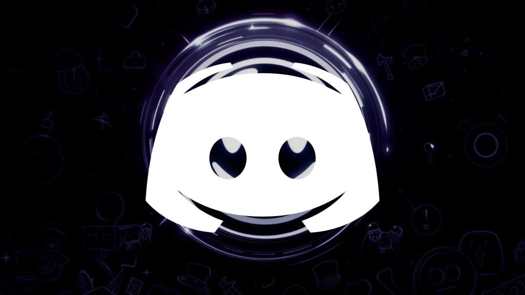 White Discord logo centered against a dark purple-black cosmic background with a glowing circular halo and faint outlined icons and doodles around it.