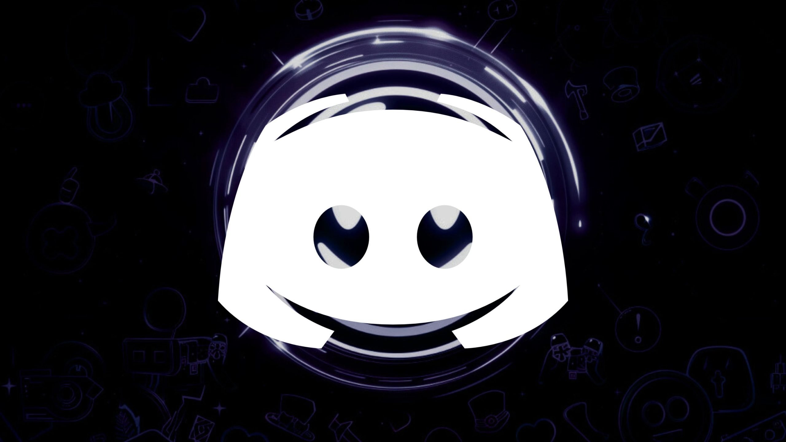 White Discord logo centered against a dark purple-black cosmic background with a glowing circular halo and faint outlined icons and doodles around it.