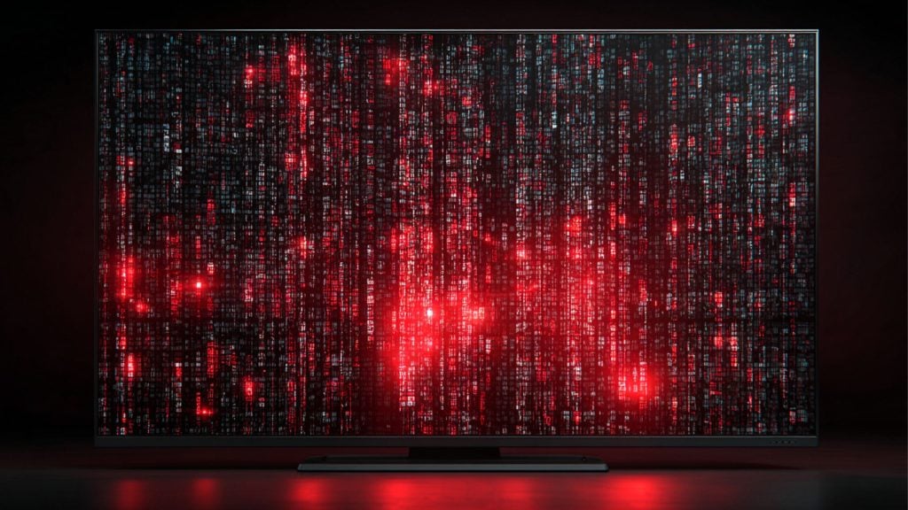 Flat-screen television displaying dense vertical columns of red and blue pixelated code with bright red glowing clusters, set against a dark background with a red reflection on the surface below