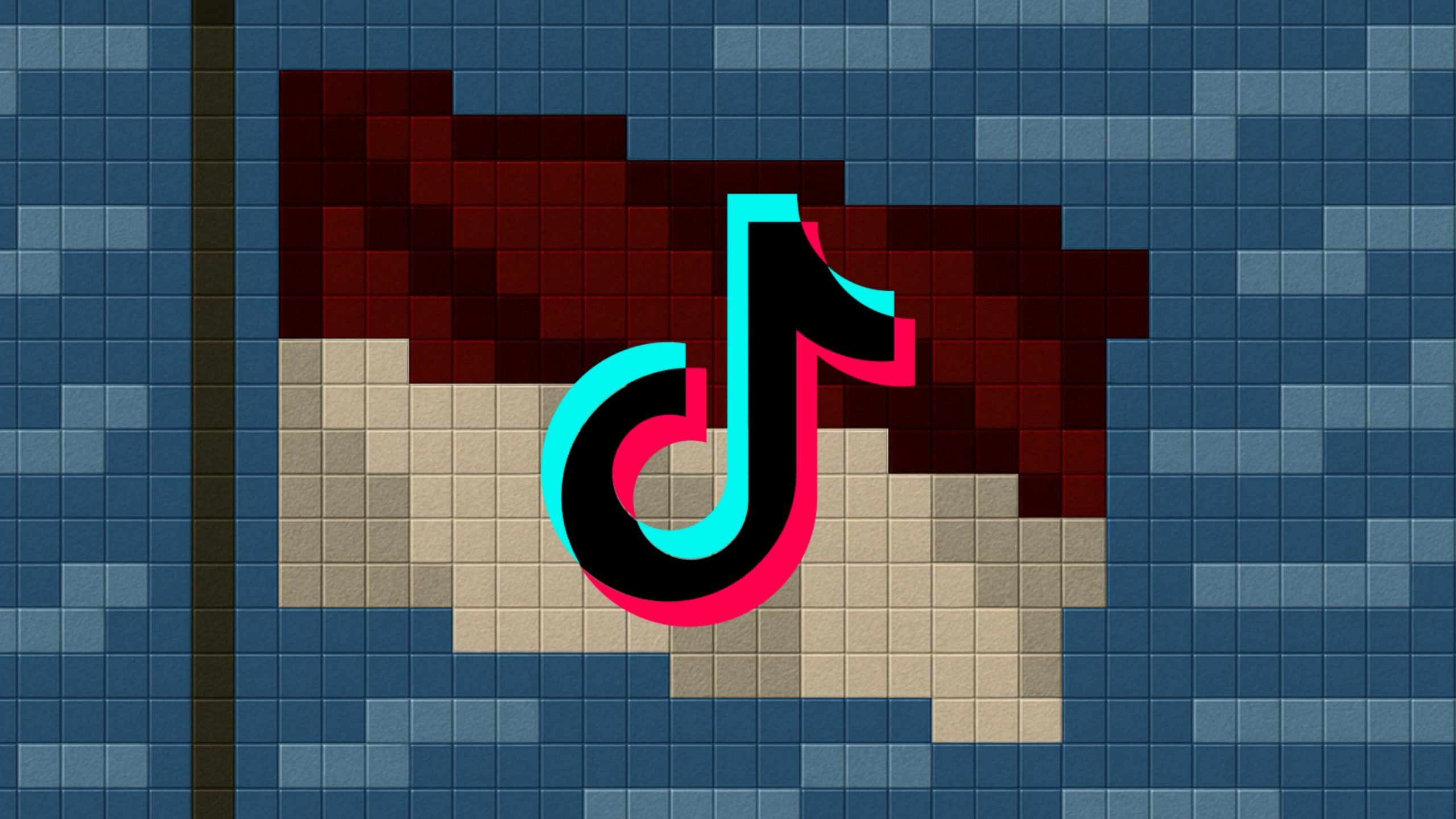 TikTok logo (black musical note with cyan and pink outlines) centered over a tiled pixel-art background showing a beige face with dark red hair against a blue grid-like sky.