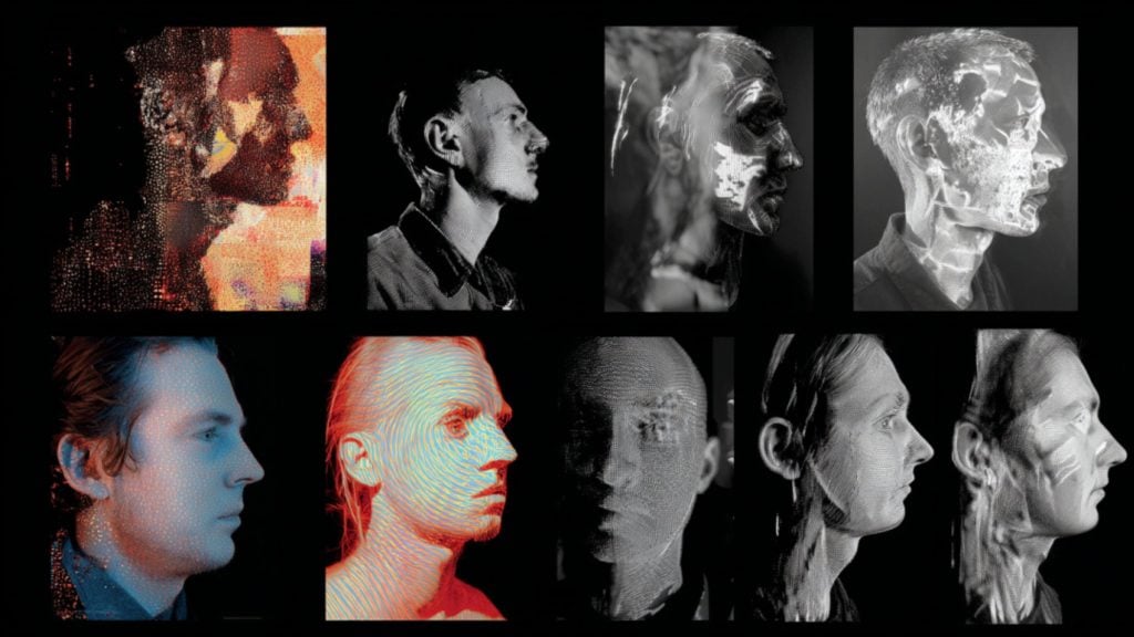 A grid of eight stylized side‑profile portraits of the same man on a black background, each portrait rendered with different experimental textures and lighting — halftone dots, colored overlays, contour lines, double exposures and x‑ray‑like highlights — creating a varied, abstract study of the face.