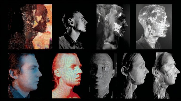 A grid of eight stylized side‑profile portraits of the same man on a black background, each portrait rendered with different experimental textures and lighting — halftone dots, colored overlays, contour lines, double exposures and x‑ray‑like highlights — creating a varied, abstract study of the face.