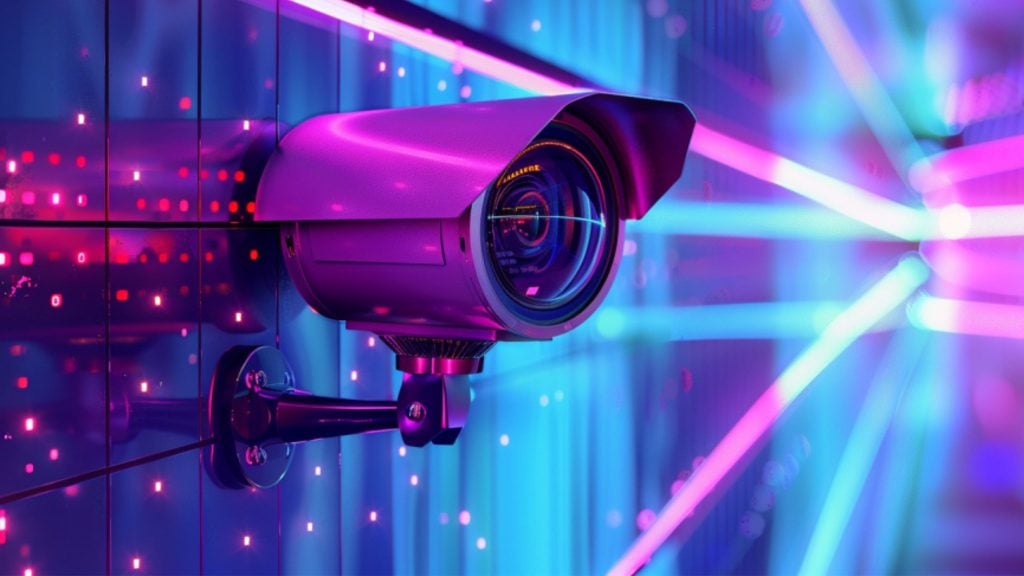 Close-up of a wall-mounted surveillance camera with a prominent lens reflecting vivid pink and blue neon light beams against a glossy tiled background dotted with small illuminated squares.