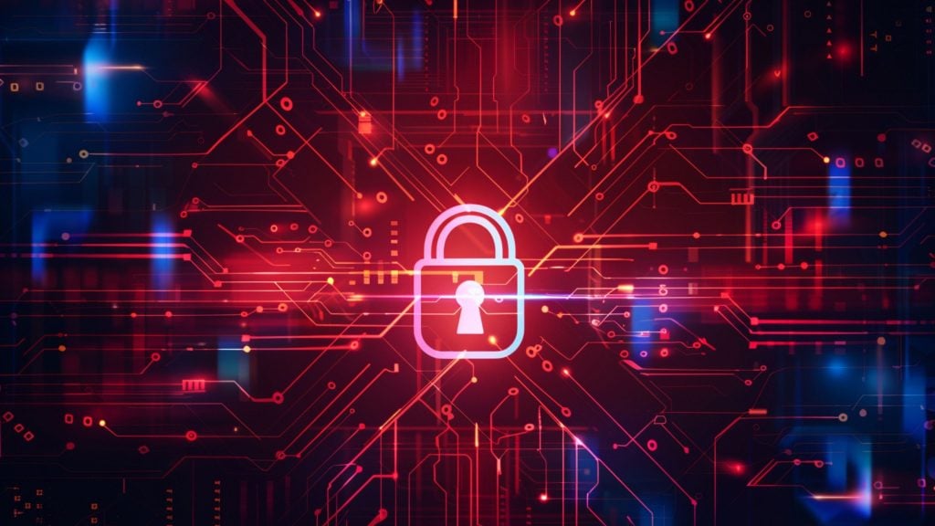 Glowing padlock icon centered on a red and blue circuit-board style background with interconnected neon lines and nodes suggesting digital security and cybersecurity networks.