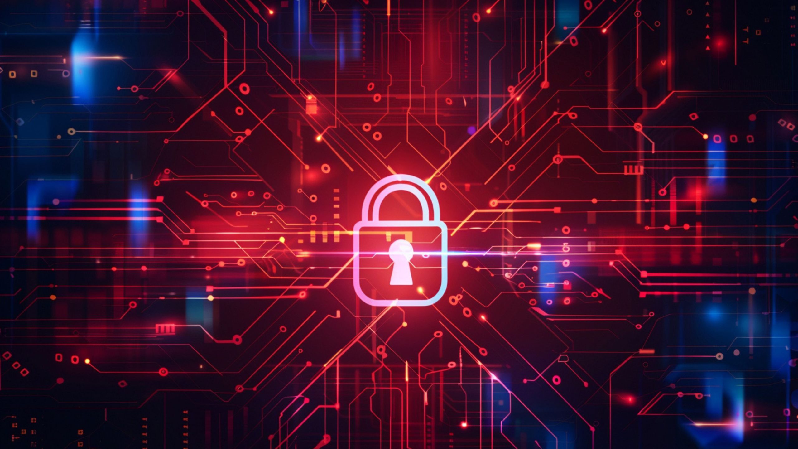 Glowing padlock icon centered on a red and blue circuit-board style background with interconnected neon lines and nodes suggesting digital security and cybersecurity networks.