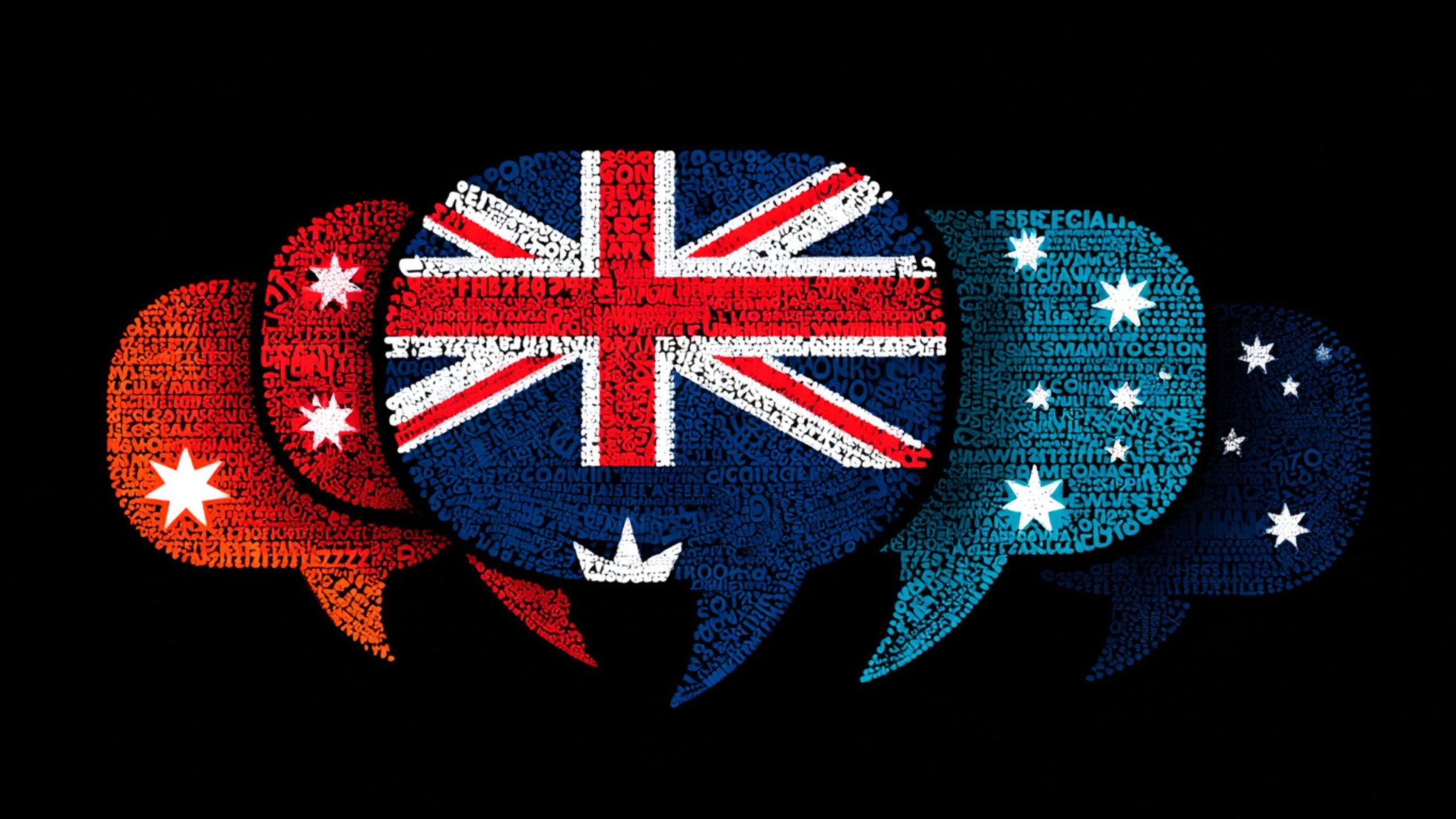 Five overlapping speech-bubble shapes filled with tiny text create a stylized Australian flag motif on a black background — the central bubble shows the Union Jack and Commonwealth star, flanked by bubbles in orange, red, teal and navy that display white Southern Cross stars.