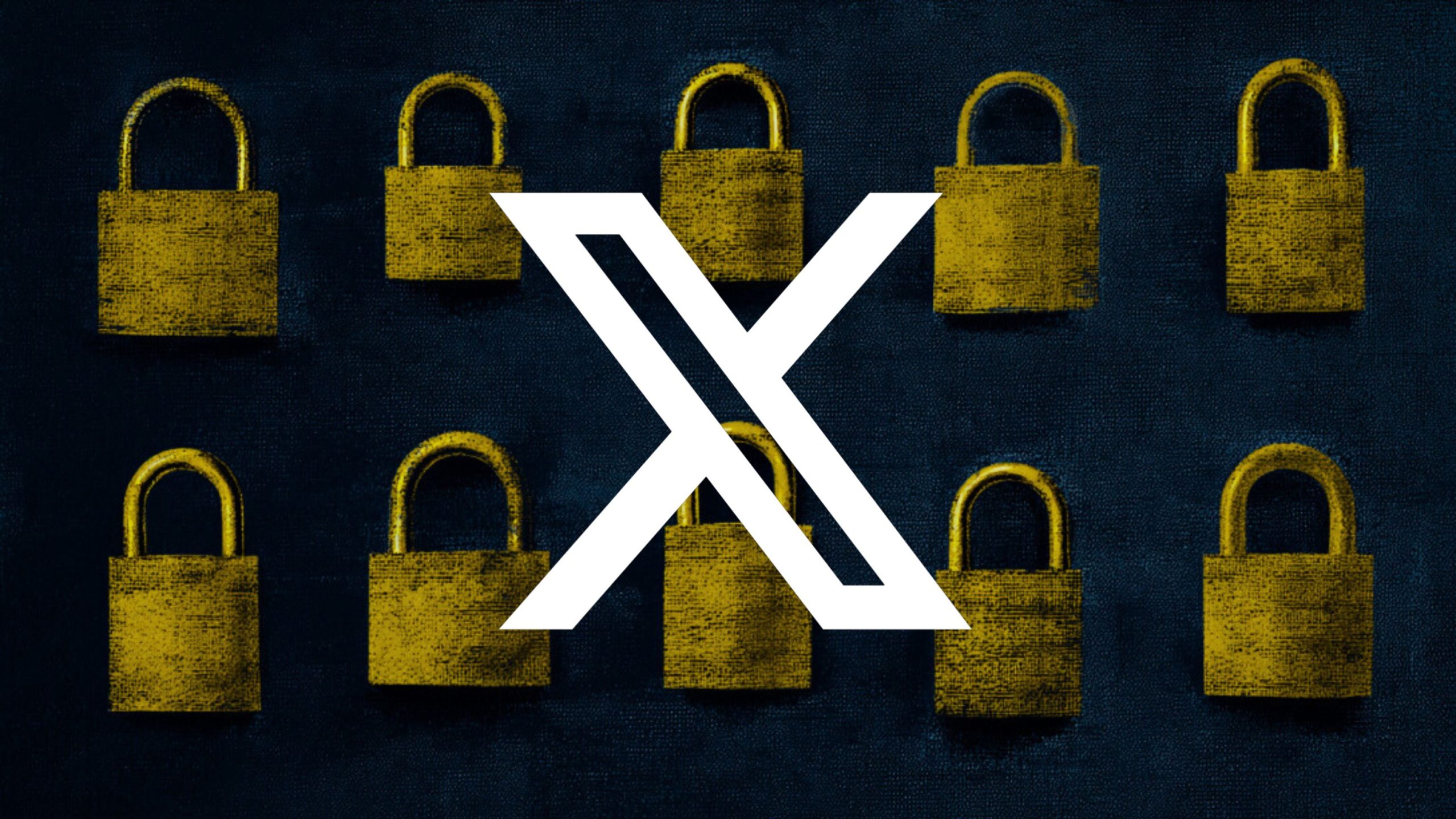 White stylized X logo centered over a dark textured navy background patterned with a repeating grid of yellow padlocks.