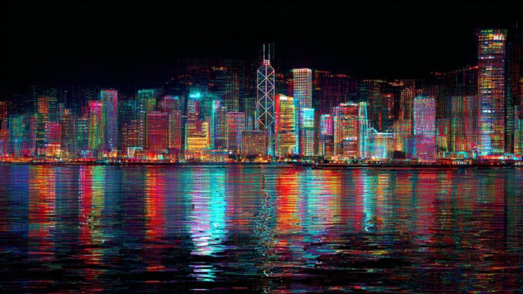 Neon cyberpunk city skyline at night with brightly lit skyscrapers, including a central lattice tower, their vivid red, cyan and yellow lights forming vertical patterns and reflecting in rippled water in the foreground.