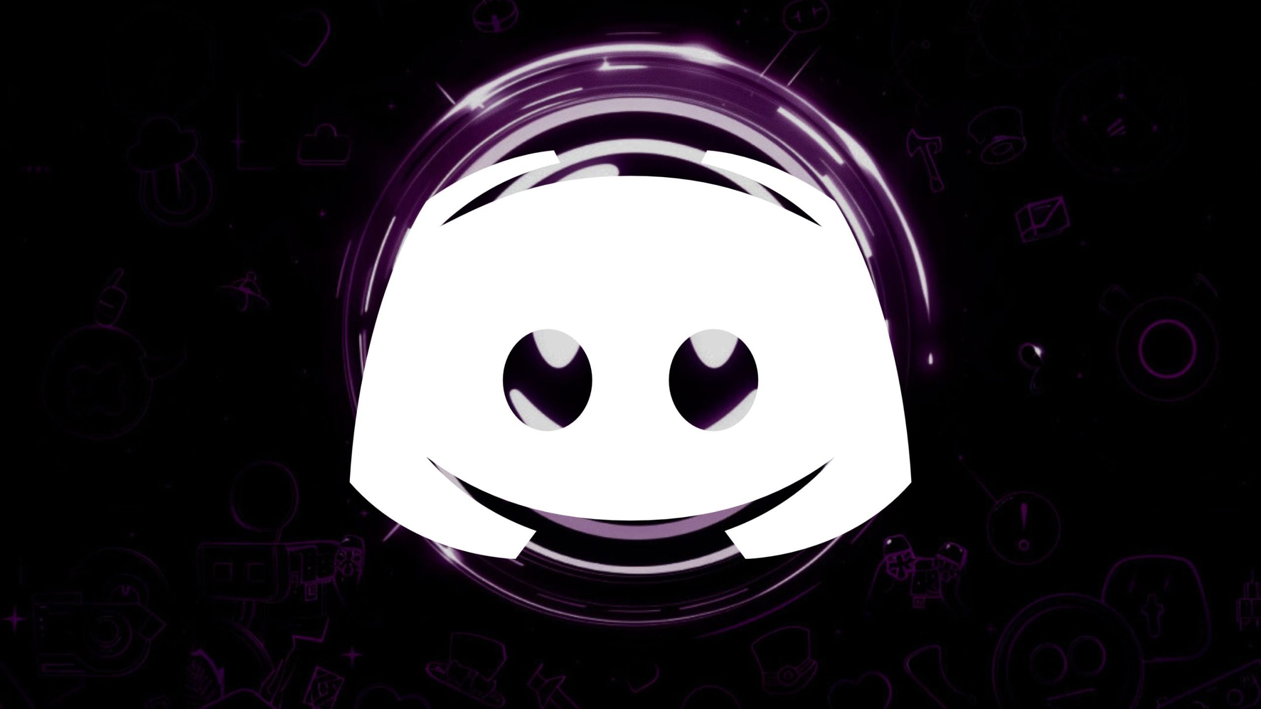 White Discord logo centered on a black background with a glowing purple circular halo and faint purple gaming and tech icons scattered behind it.