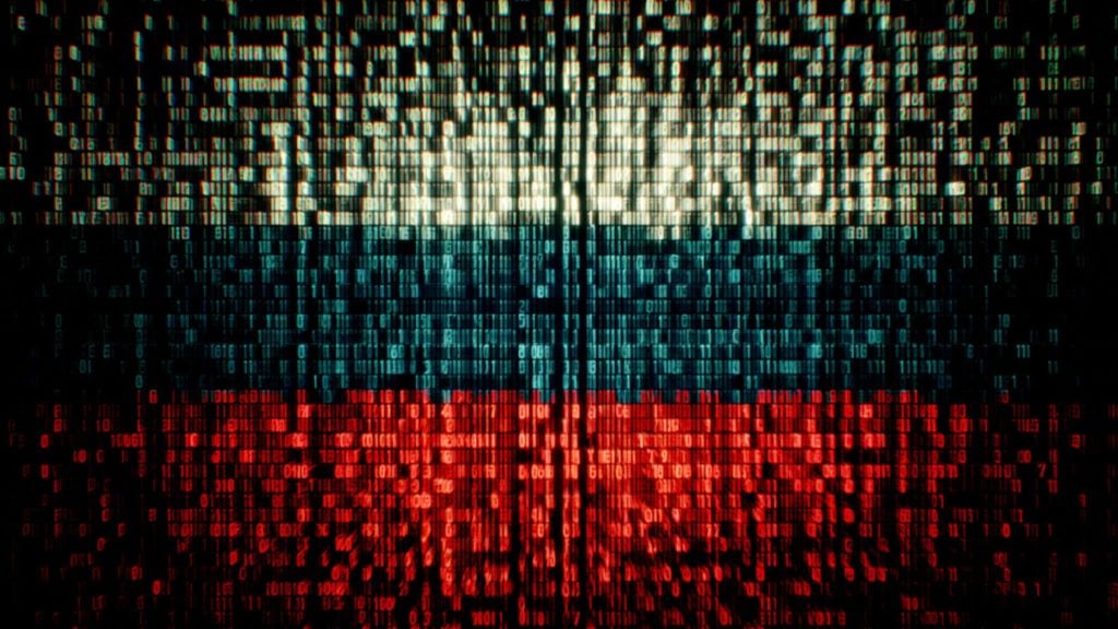 A stylized Russian tricolor of horizontal white, blue, and red bands made from vertical streams of glowing binary code and digital characters.