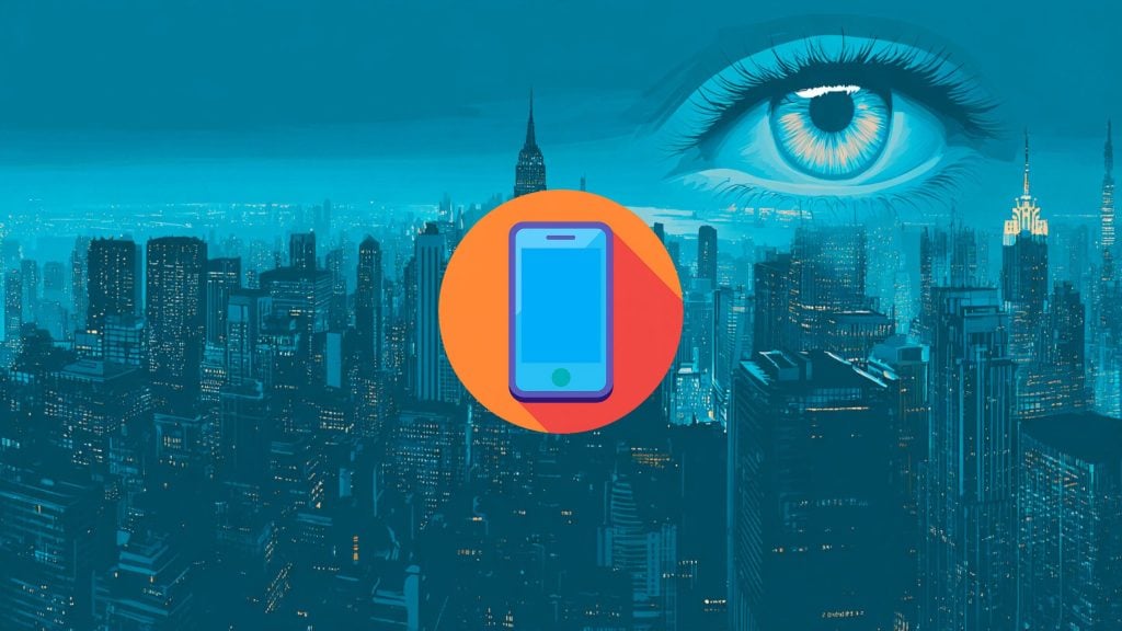 A teal-toned city skyline at night with a large illustrated blue eye in the upper right and a flat smartphone icon inside an orange circle centered over the scene.
