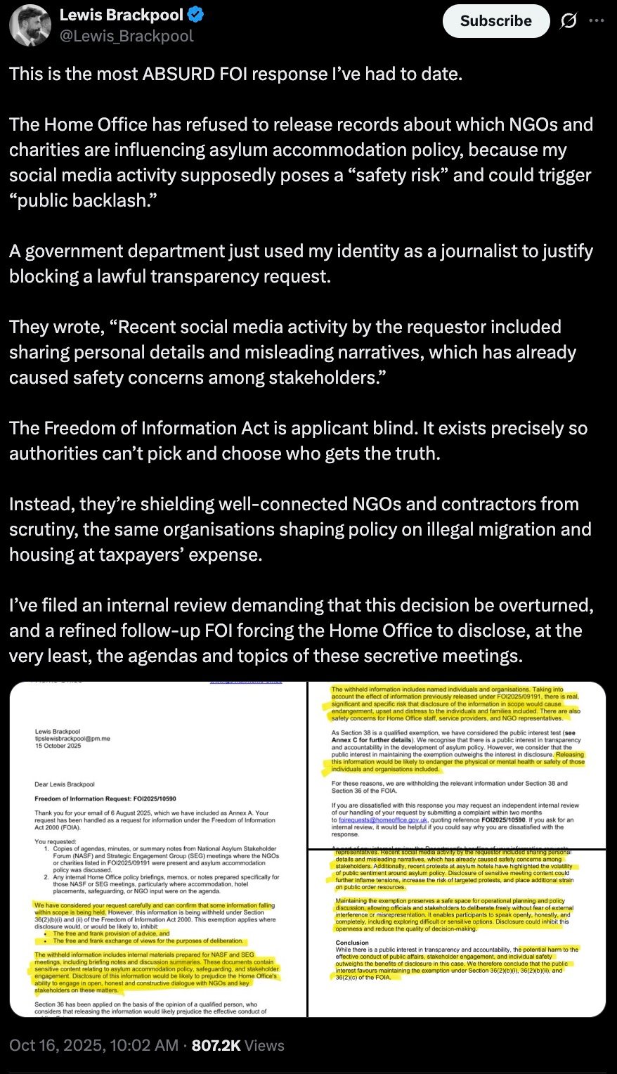 Screenshot of a social media post with an attached image of a redacted Freedom of Information response: the post criticizes the Home Office for refusing to disclose which NGOs and charities influence asylum accommodation policy, saying the refusal cites the requestor’s social media activity as a safety risk and could trigger public backlash, and states the author has filed an internal review and a follow-up FOI; the attached document shows highlighted passages of the refusal letter.