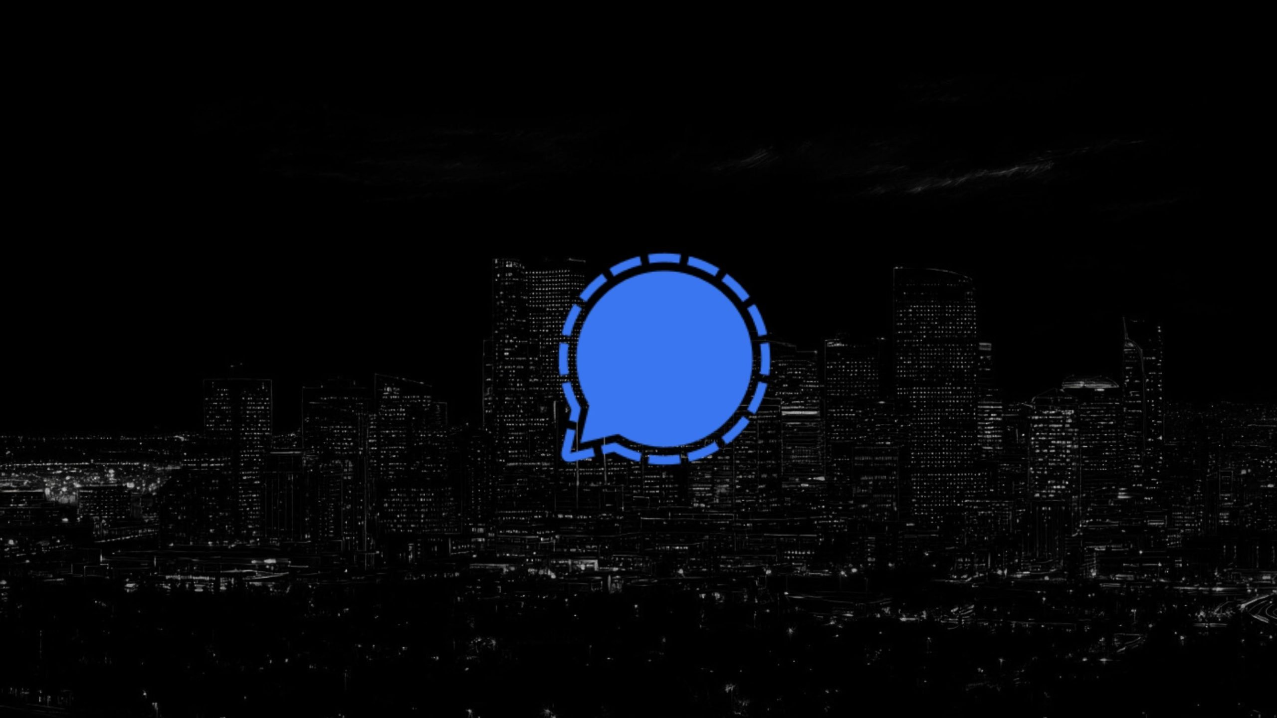 Signal speech-bubble icon with a dashed circular outline centered over a dark, high-contrast nighttime city skyline.