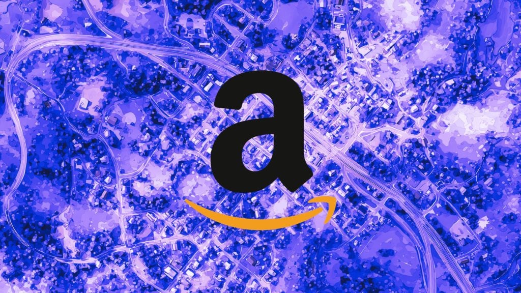 Large black lowercase "a" with an orange smile-shaped arrow centered over a purple-blue stylized aerial map of winding roads and suburban houses.