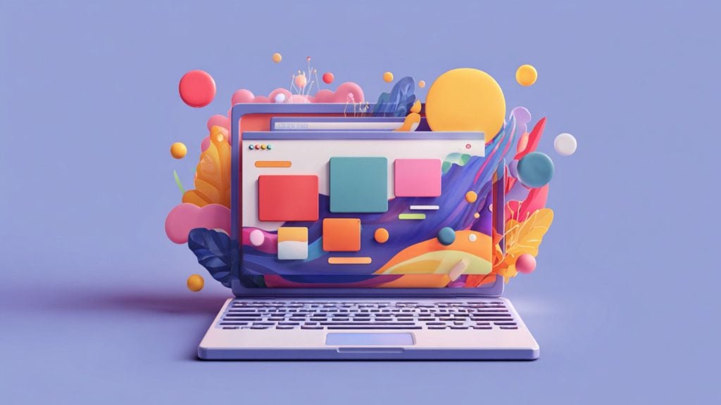 An open laptop on a soft purple background with colorful 3D app-window tiles, flowing multicolored waves, floating spheres and stylized leaves bursting out of the screen.