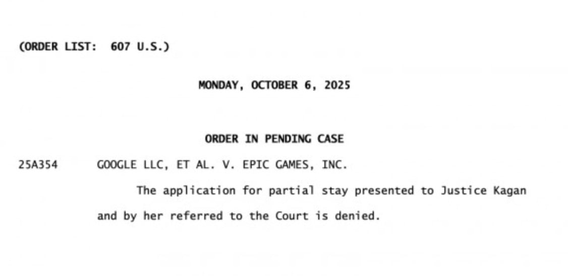 Supreme Court order list dated Monday, October 6, 2025, docket 25A354 for Google LLC, et al. v. Epic Games, Inc., stating the application for a partial stay presented to Justice Kagan and referred to the Court is denied.
