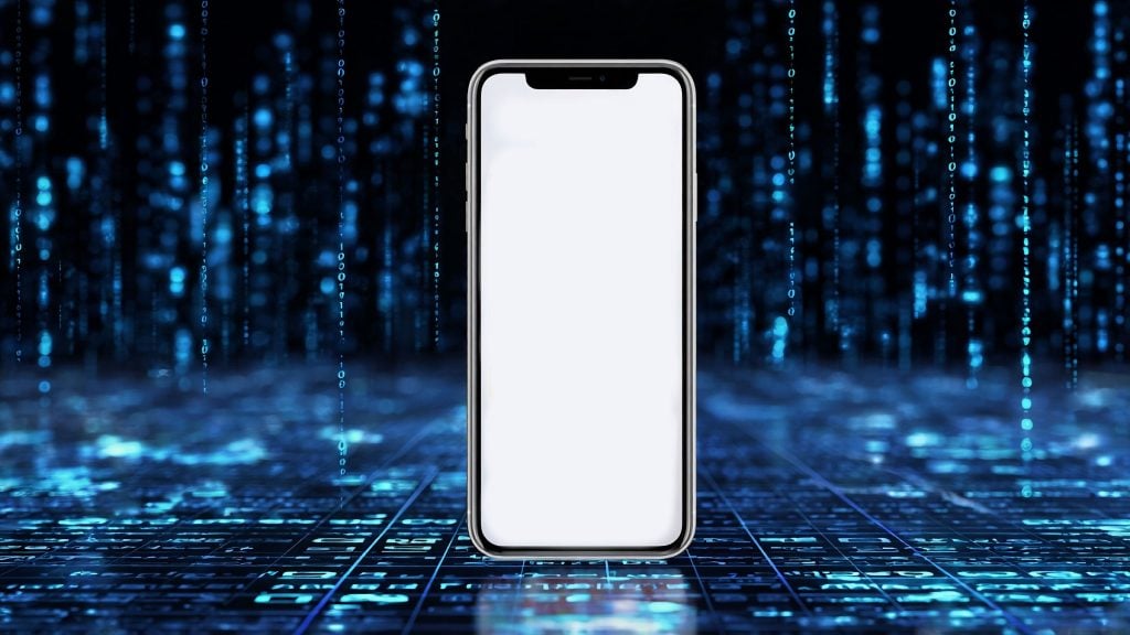 Centered modern smartphone with a blank white screen and metallic frame set against a dark blue digital backdrop of falling binary code and a glowing circuit-like grid floor.