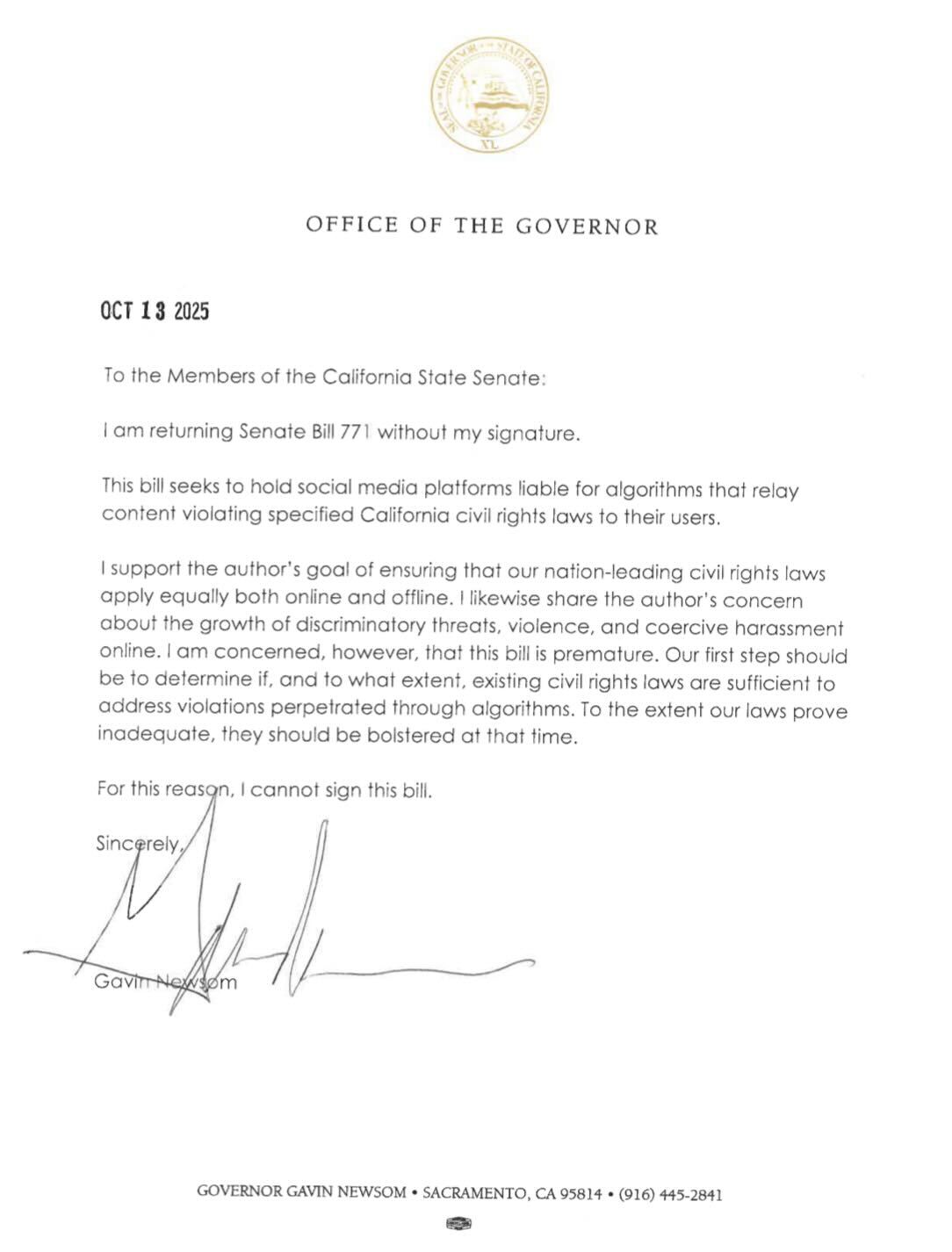 Official letter on state governor letterhead with a gold seal and the heading 'Office of the Governor,' dated OCT 13 2025, stating the governor is returning Senate Bill 771 without signature, summarizing that the bill would hold social media platforms liable for algorithm-driven civil rights violations and concluding 'I cannot sign this bill,' with a handwritten signature at the bottom.