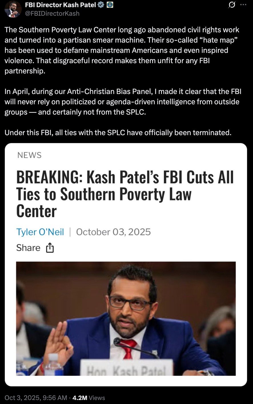 Screenshot of a social media post and news article headline accusing the Southern Poverty Law Center of partisan bias and announcing all FBI ties have been cut, with an inset photo of a bespectacled man in a blue suit speaking at a hearing.