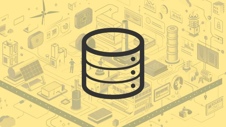 Centered dark three-layer database icon over a muted yellow isometric background depicting factories, solar panels, a wind turbine, pipes, screens and small human figures suggesting industrial and tech infrastructure.