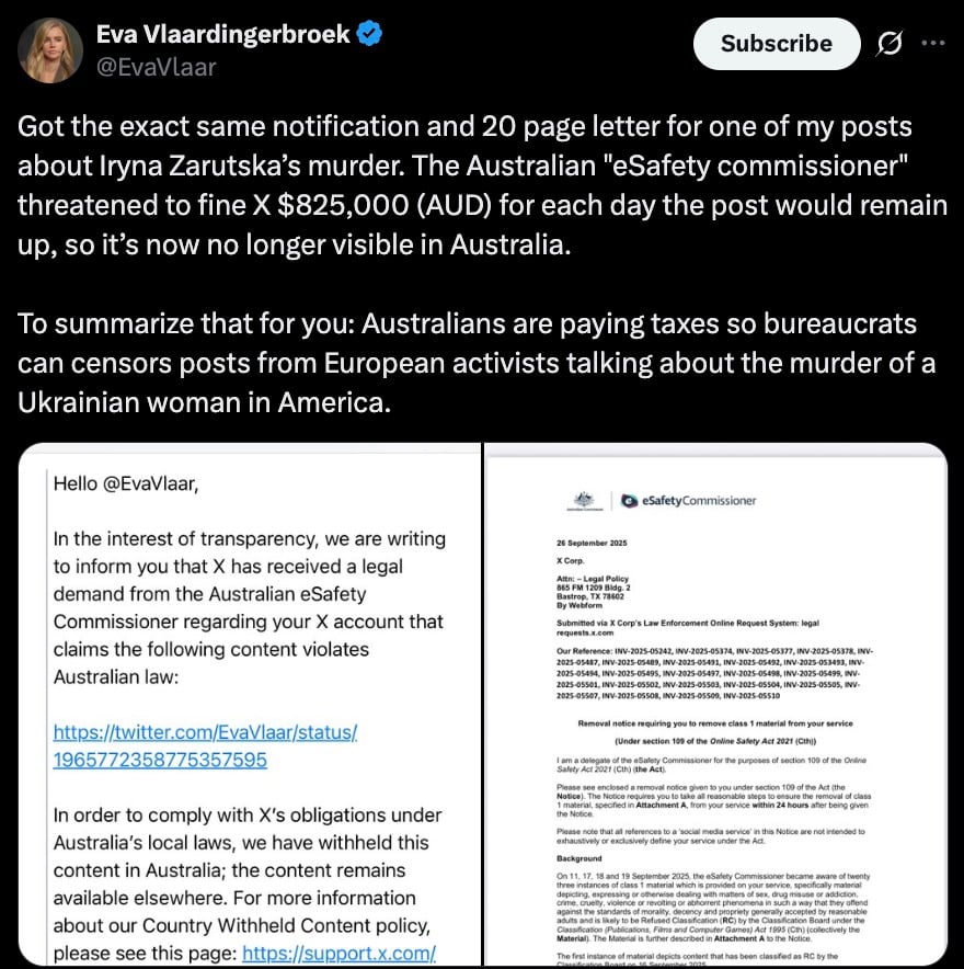 Screenshot of a verified Twitter/X post by a user with a profile photo reporting that the Australian eSafety Commissioner demanded removal of one of their posts about a murder and threatened to fine the platform AUD 825,000 per day; the embedded image shows two documents side-by-side — X's notice to the user saying the content was withheld in Australia with a link, and the eSafety Commissioner's formal removal notice dated 26 September 2025.