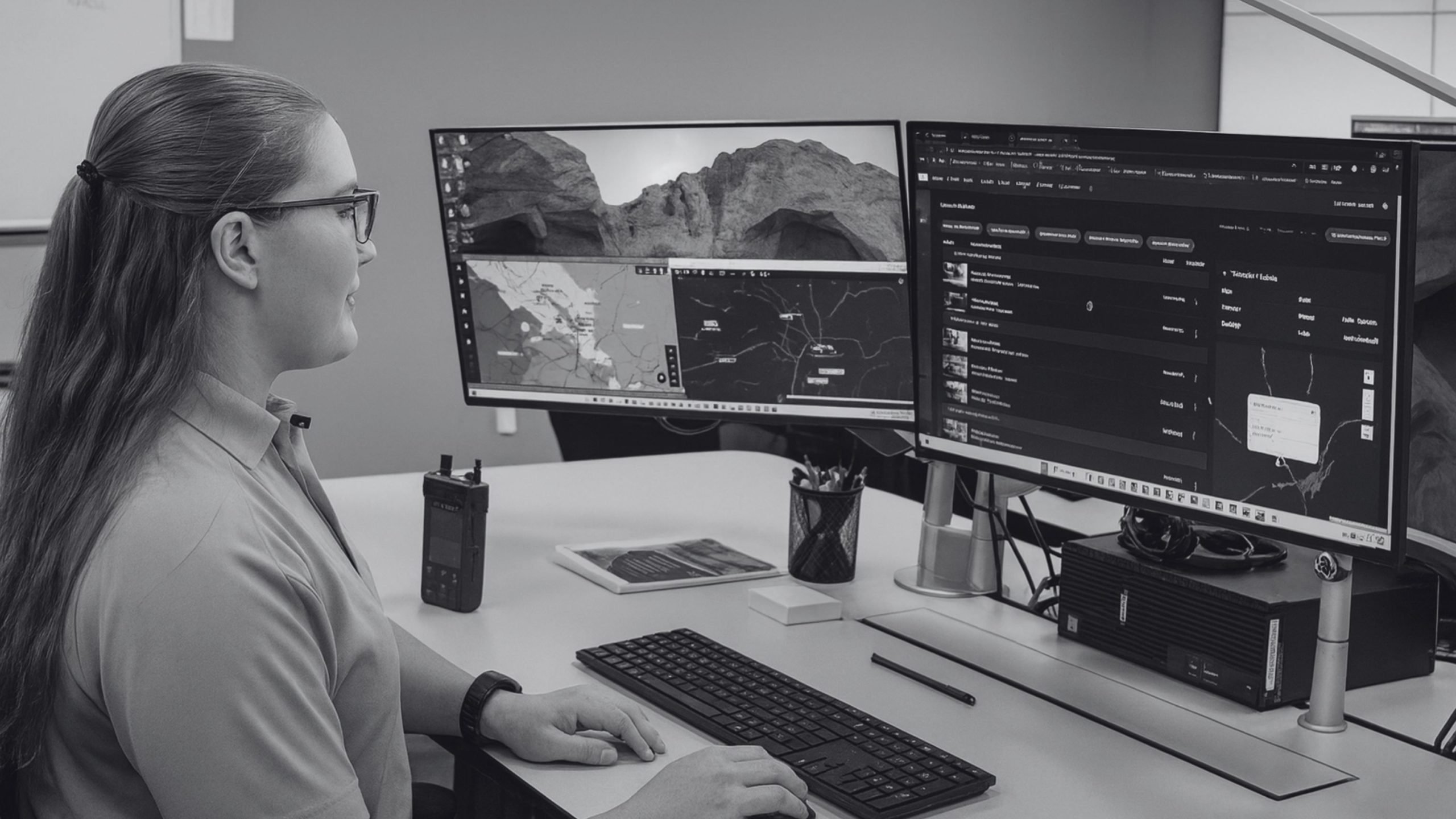 Person with glasses and long hair tied back sits at a desk typing on a keyboard while looking at two large monitors showing maps and a dark application, with a radio, tablet, pen cup and headphones on the desk.